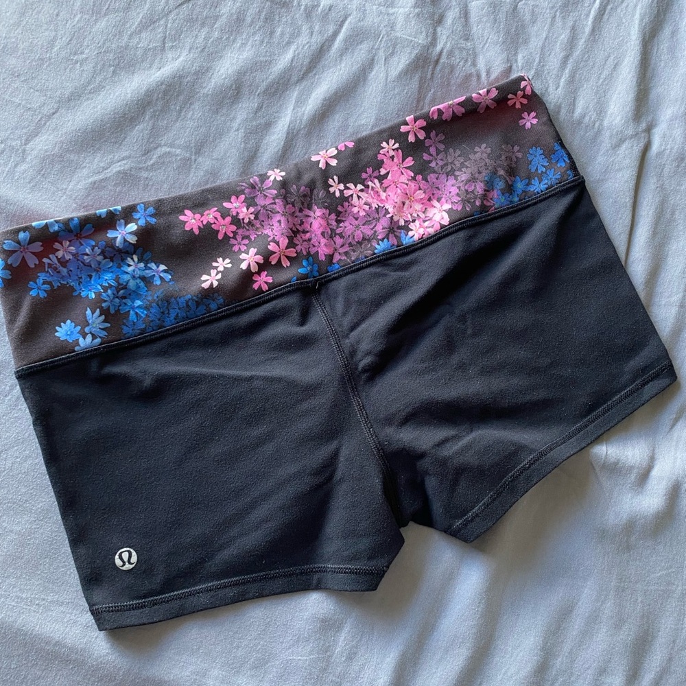 lululemon athletica Black Shorts with Pink and Blue Floral Design